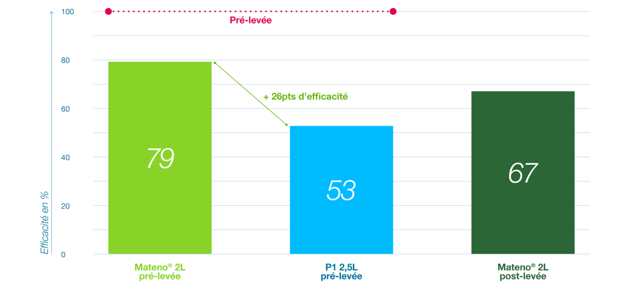 Graphique comparatif montrant la très bonne efficacité sur ray-frass de MATENO 2L en pré-levée par rapport à la concurrence
