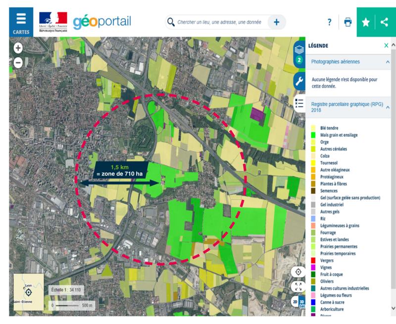 Essaim d'abeilles, carte matérialisant le rayon de butinage de 3 à 4 km
