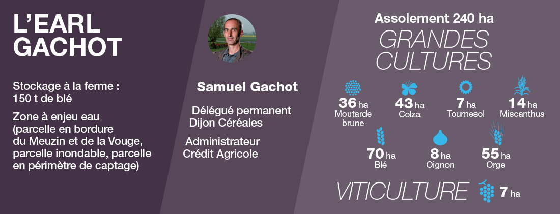 Illustration représentant l'assolement en grandes cultures de l'exploitation de l’EARL Gachot en Bourgogne qui s’interroge sur le drainage et les produits phytos, une courte description de la ferme et la photo de l'agriculteur